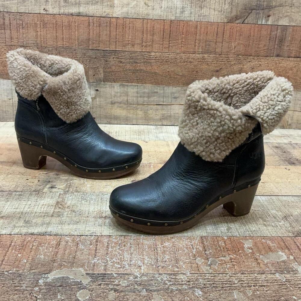 UGG 1003856 Boots Womens Size 8 39 Black Leather Shearling Ankle Bootie Winter